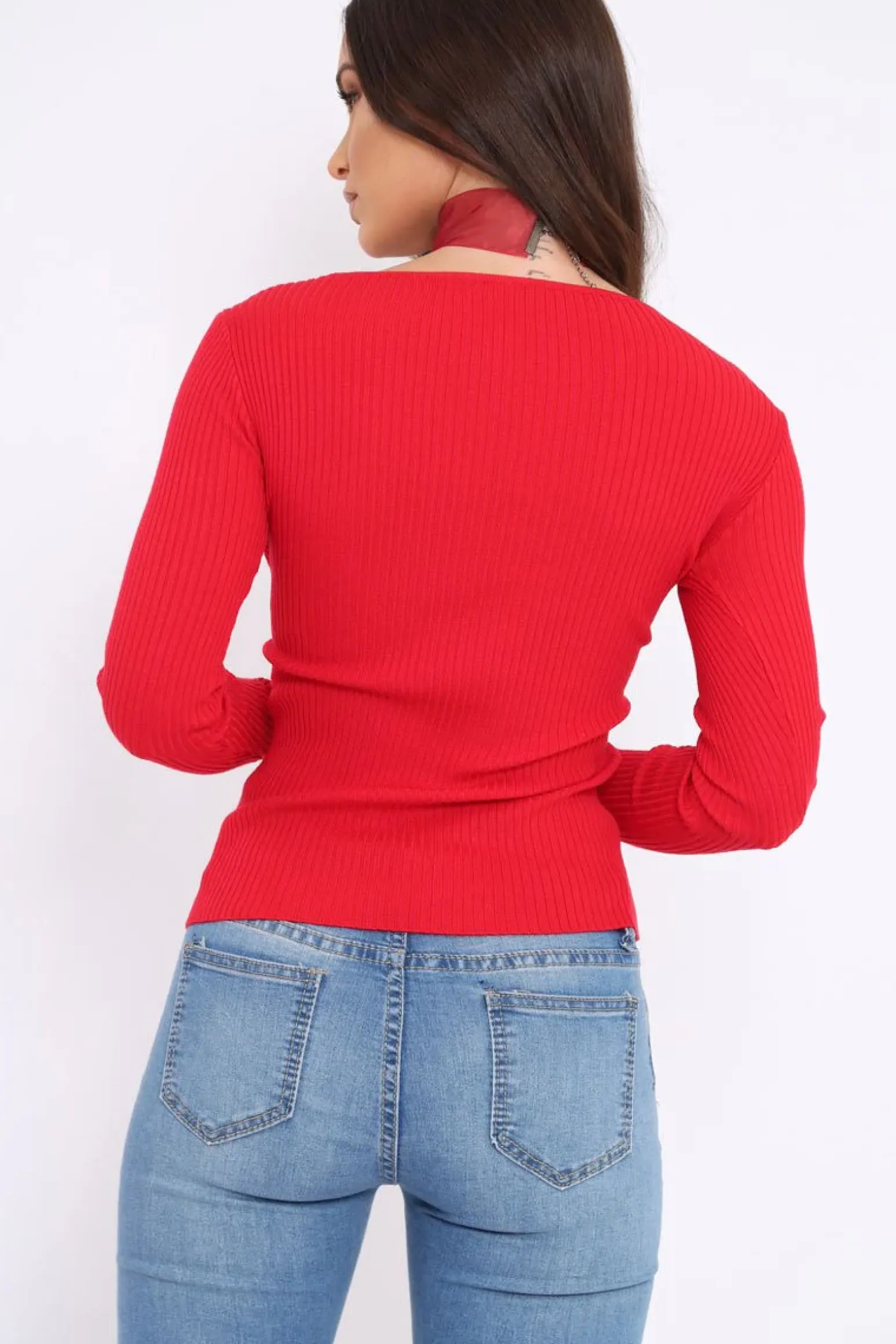 Rebellious Fashion Red Ribbed Thin Knit Wrap Top - Jordi