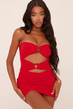 Rebellious Fashion Red Ring Detail Bandeau Ruched Bodycon Mini Dress - Tefta