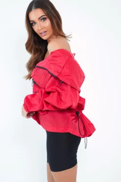 Rebellious Fashion Red Ring Pull Zip Front Windbreaker Jacket - Tesla