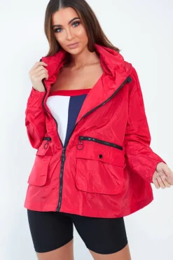 Rebellious Fashion Red Ring Pull Zip Front Windbreaker Jacket - Tesla