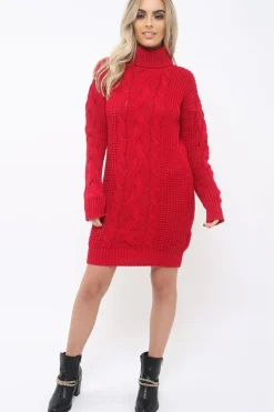 Rebellious Fashion Red Roll Neck Cable Knit Jumper Dress - Dawn