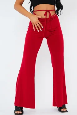Rebellious Fashion Red Ruched Front Tie Waist Slinky Trousers - Hava
