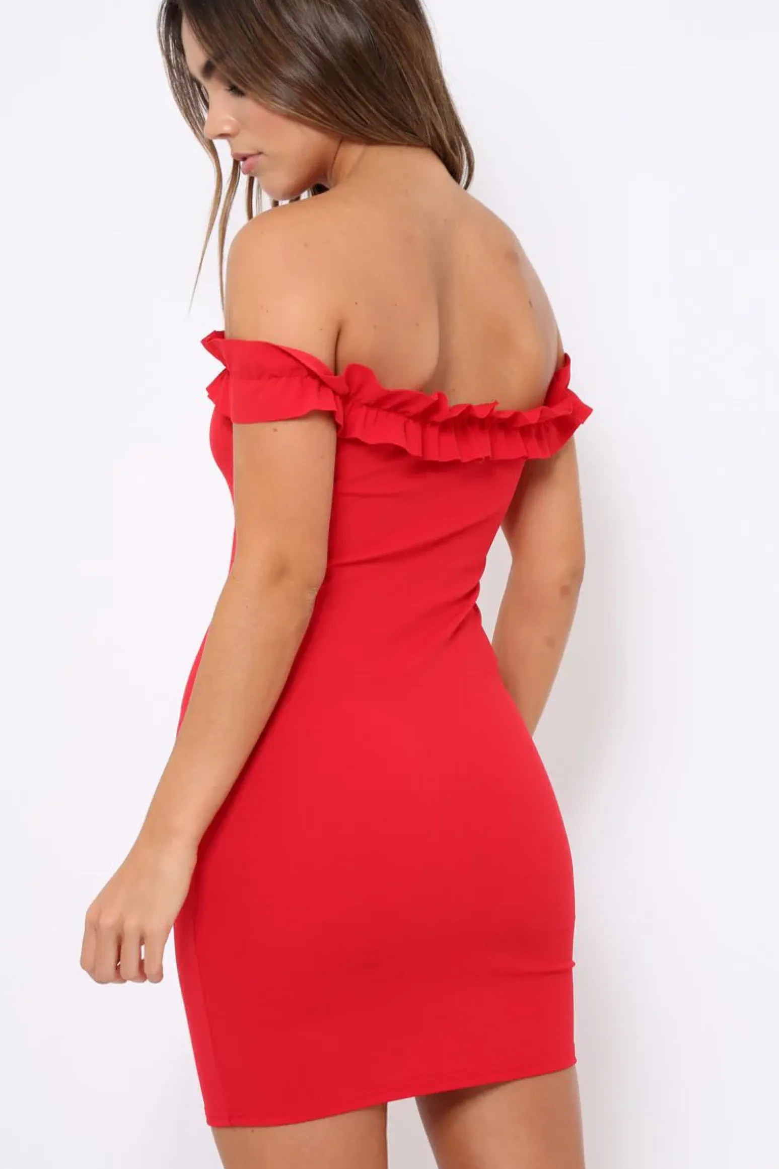 Rebellious Fashion Red Ruffle Bardot Bodycon Dress - Mollie