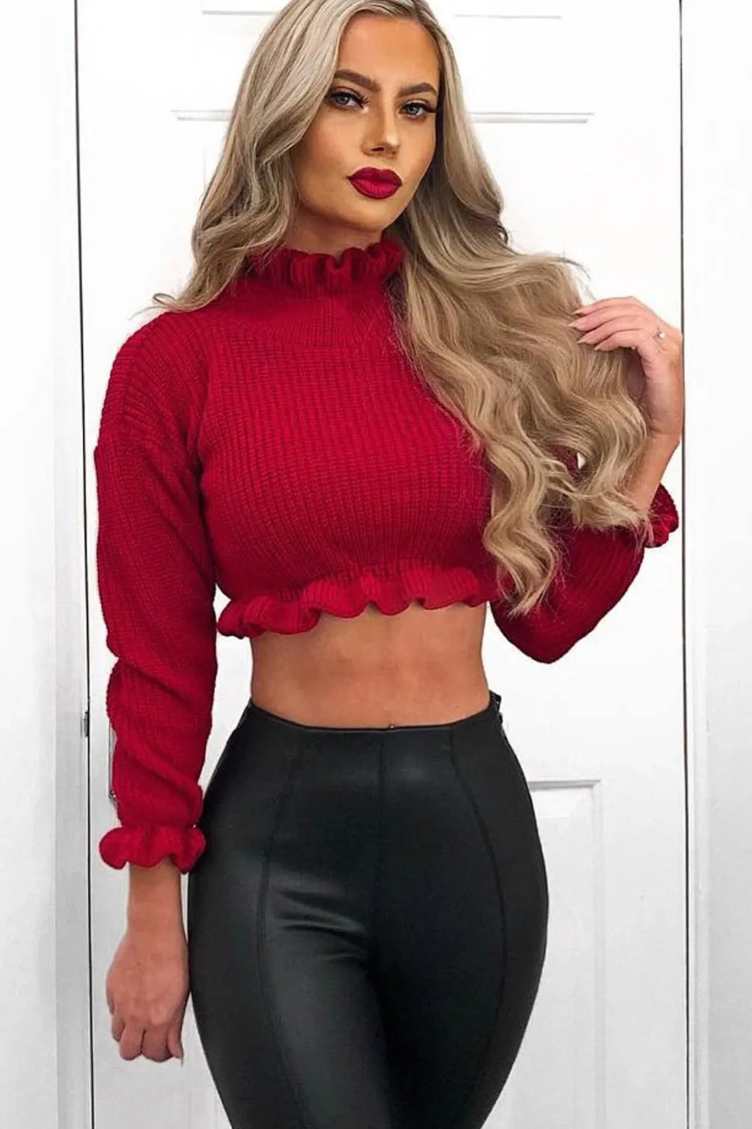 Rebellious Fashion Red Ruffle Hem Chunky Knit Crop Jumper - Alannah