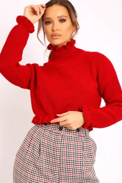Rebellious Fashion Red Ruffle Hem Chunky Knit Crop Jumper - Alannah