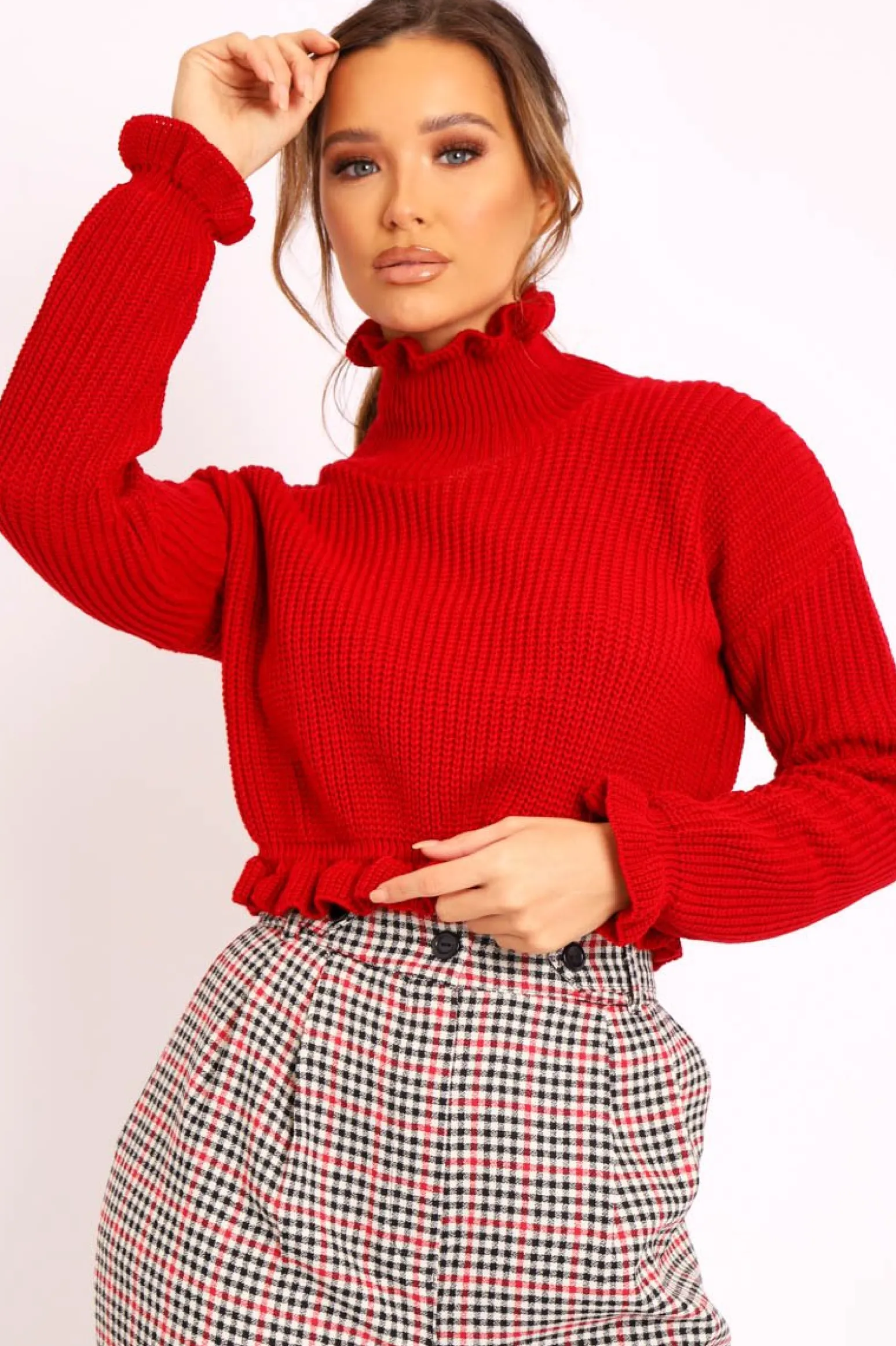 Rebellious Fashion Red Ruffle Hem Chunky Knit Crop Jumper - Alannah