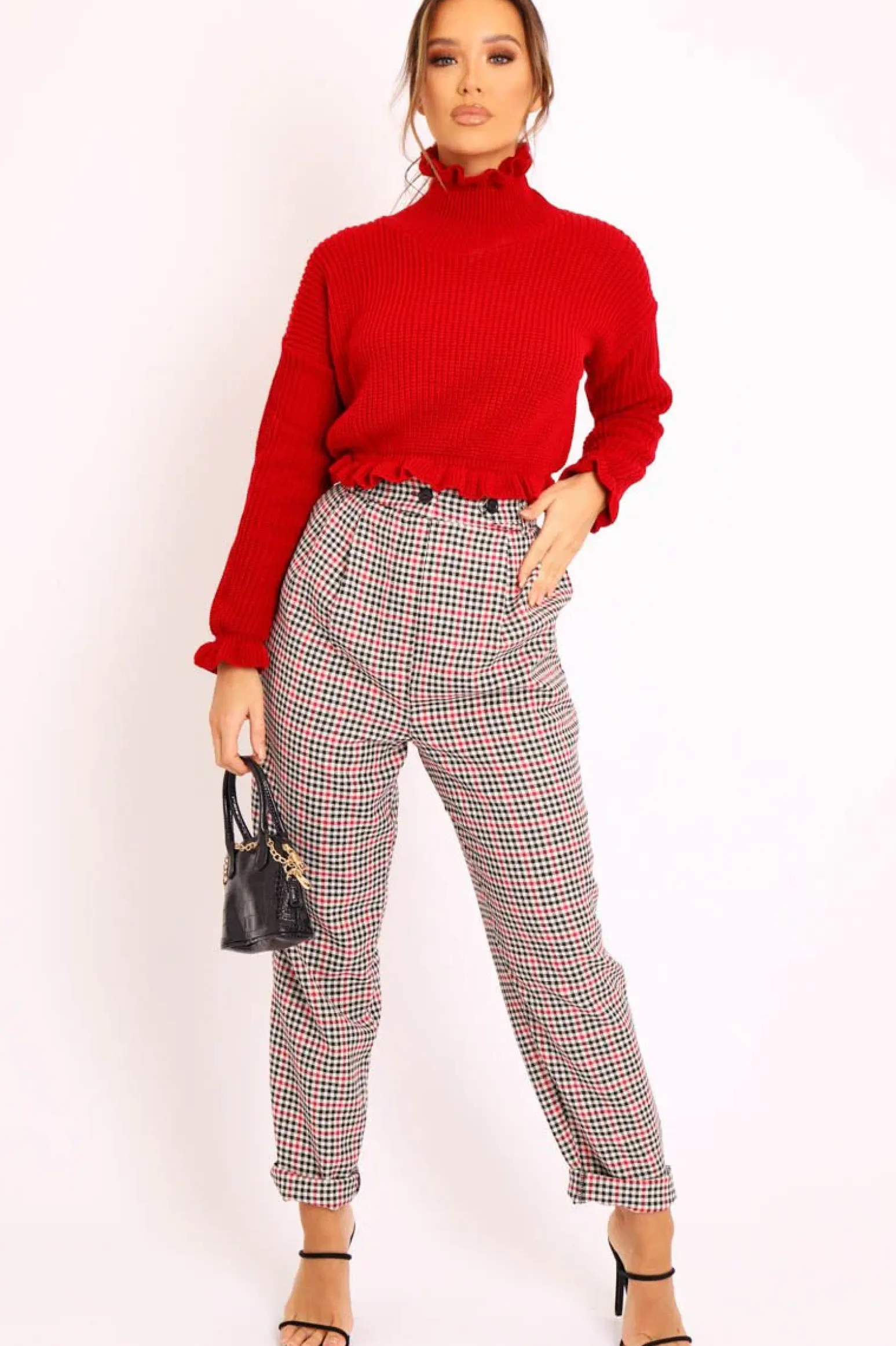 Rebellious Fashion Red Ruffle Hem Chunky Knit Crop Jumper - Alannah