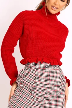 Rebellious Fashion Red Ruffle Hem Chunky Knit Crop Jumper - Alannah