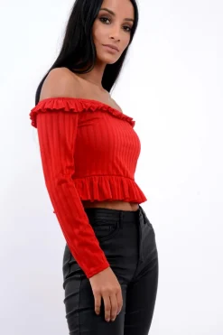 Rebellious Fashion Red Ruffle Hem Ribbed Bardot Crop Top - Kaitlyn