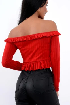 Rebellious Fashion Red Ruffle Hem Ribbed Bardot Crop Top - Kaitlyn