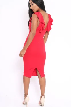 Rebellious Fashion Red Ruffle Plunge Neck Dress - Damara