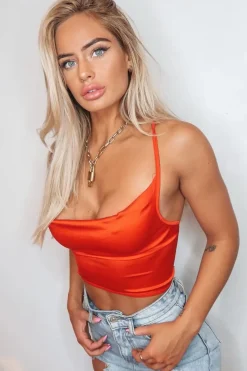 Rebellious Fashion Red Satin Cowl Neck Lace Up Back Crop Top - Kamsi