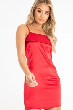 Rebellious Fashion Red Satin Fold Over Cami Strap Mini Dress - Zelda