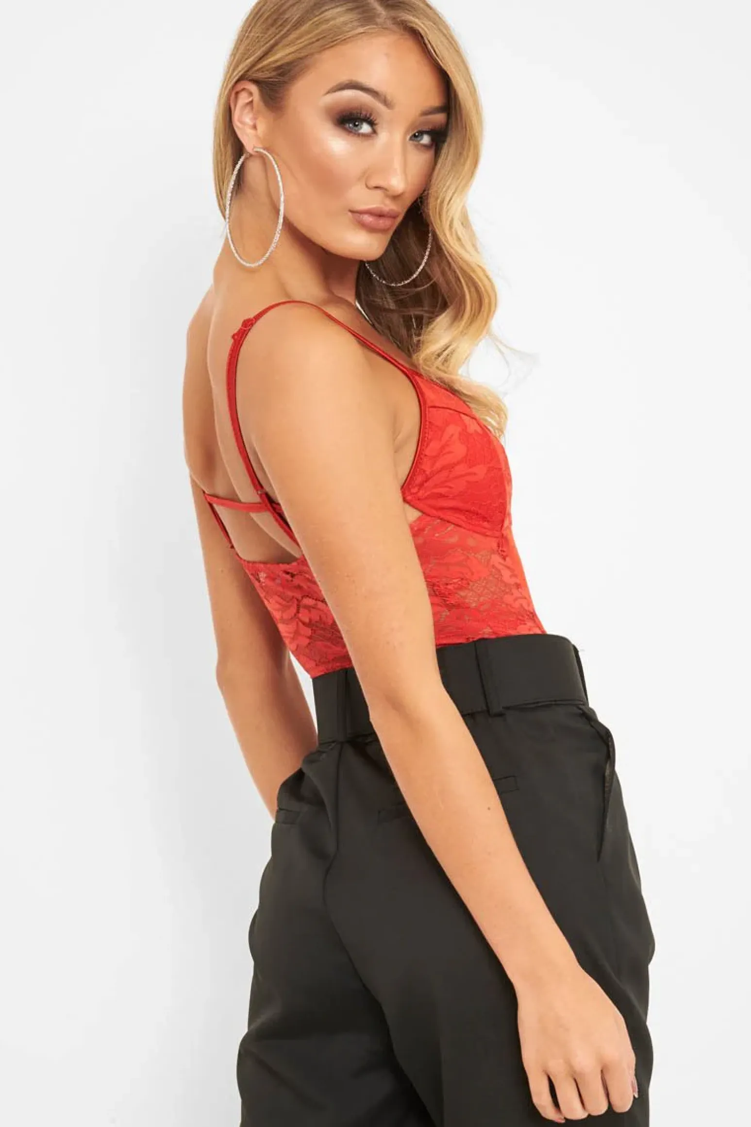 Rebellious Fashion Red Satin Lace Cut Out Bodysuit - Aleiya