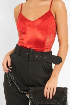 Rebellious Fashion Red Satin Lace Cut Out Bodysuit - Aleiya