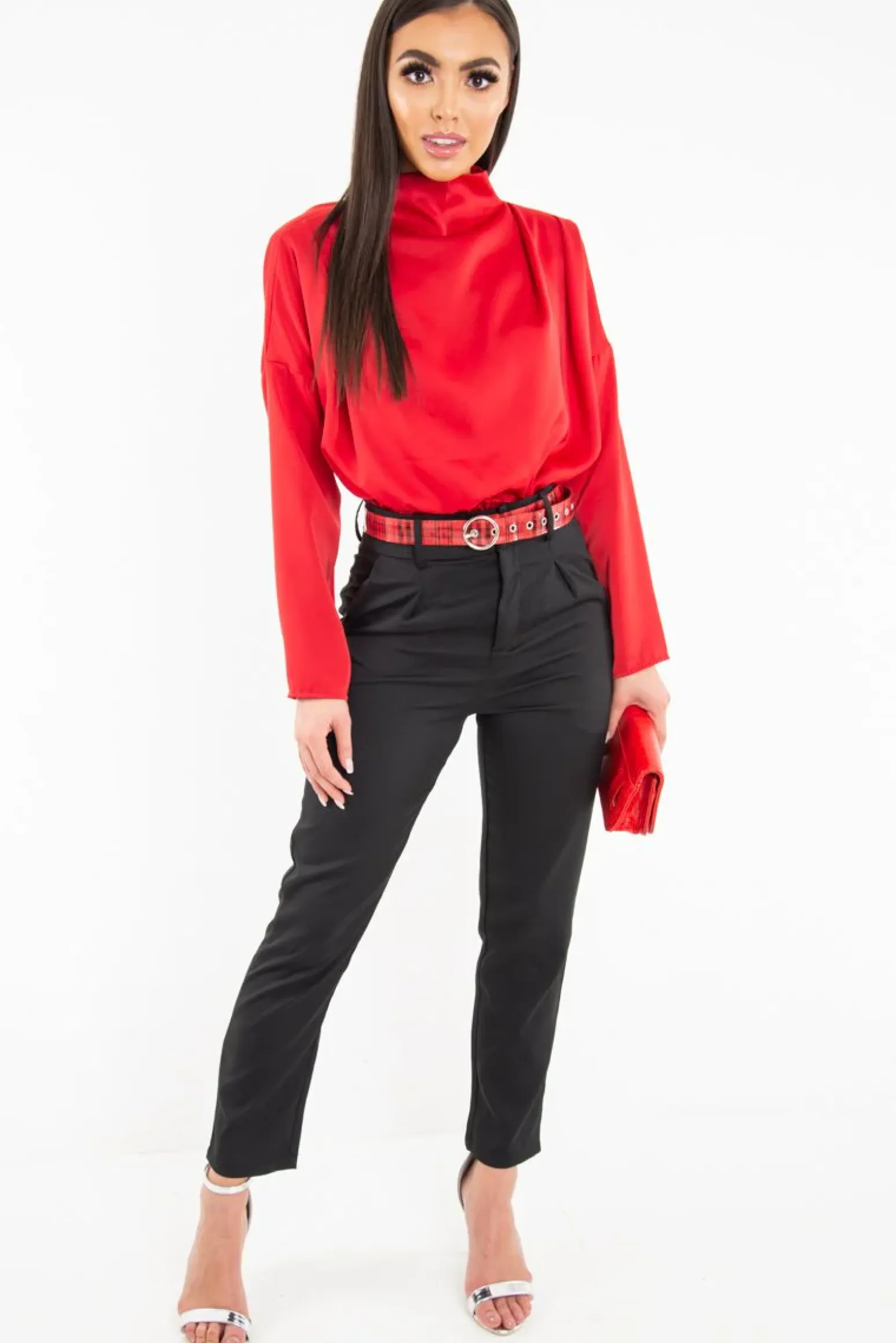 Rebellious Fashion Red Satin Shoulder Pad Shirred Waist Blouse - Farida