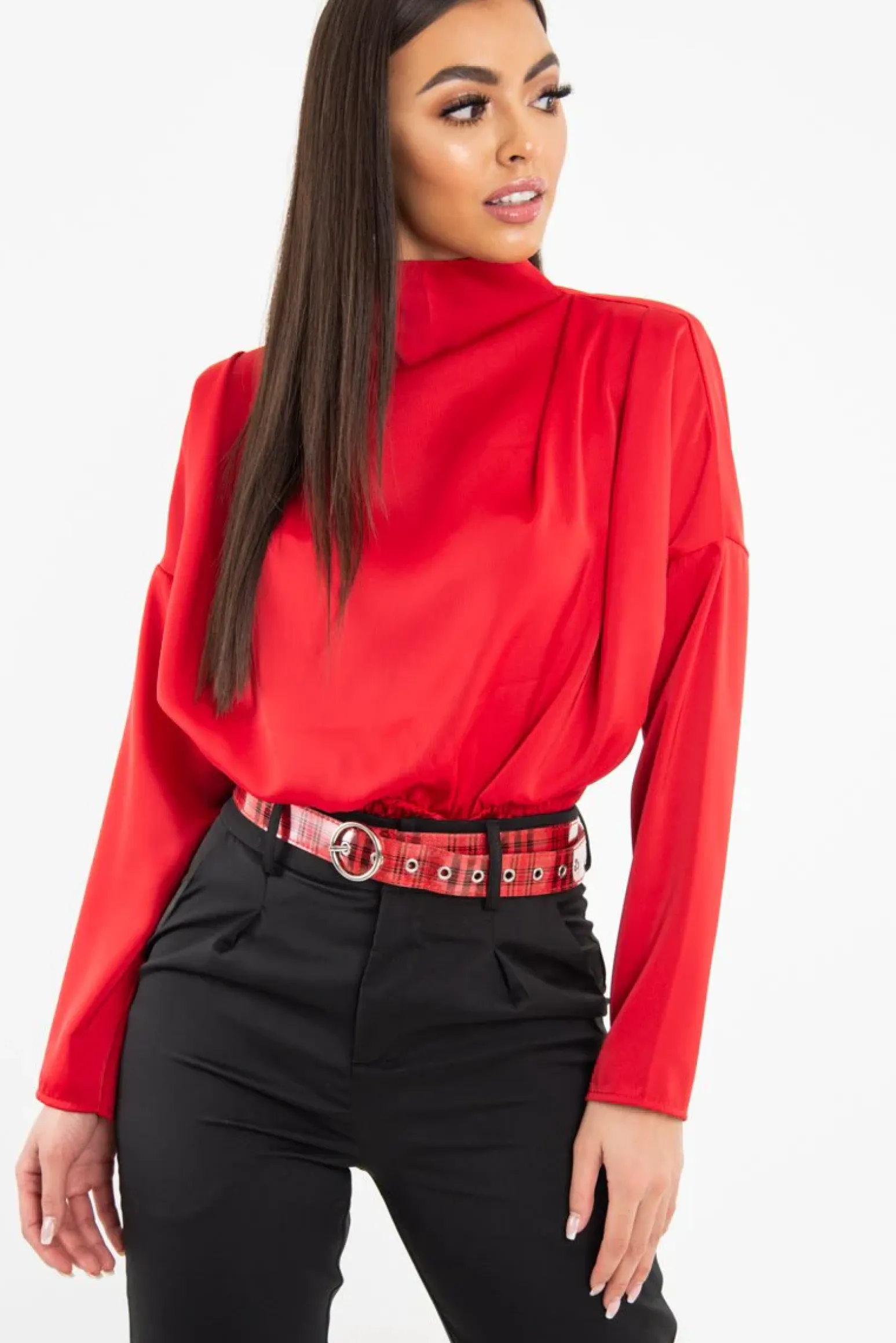 Rebellious Fashion Red Satin Shoulder Pad Shirred Waist Blouse - Farida