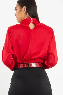 Rebellious Fashion Red Satin Shoulder Pad Shirred Waist Blouse - Farida