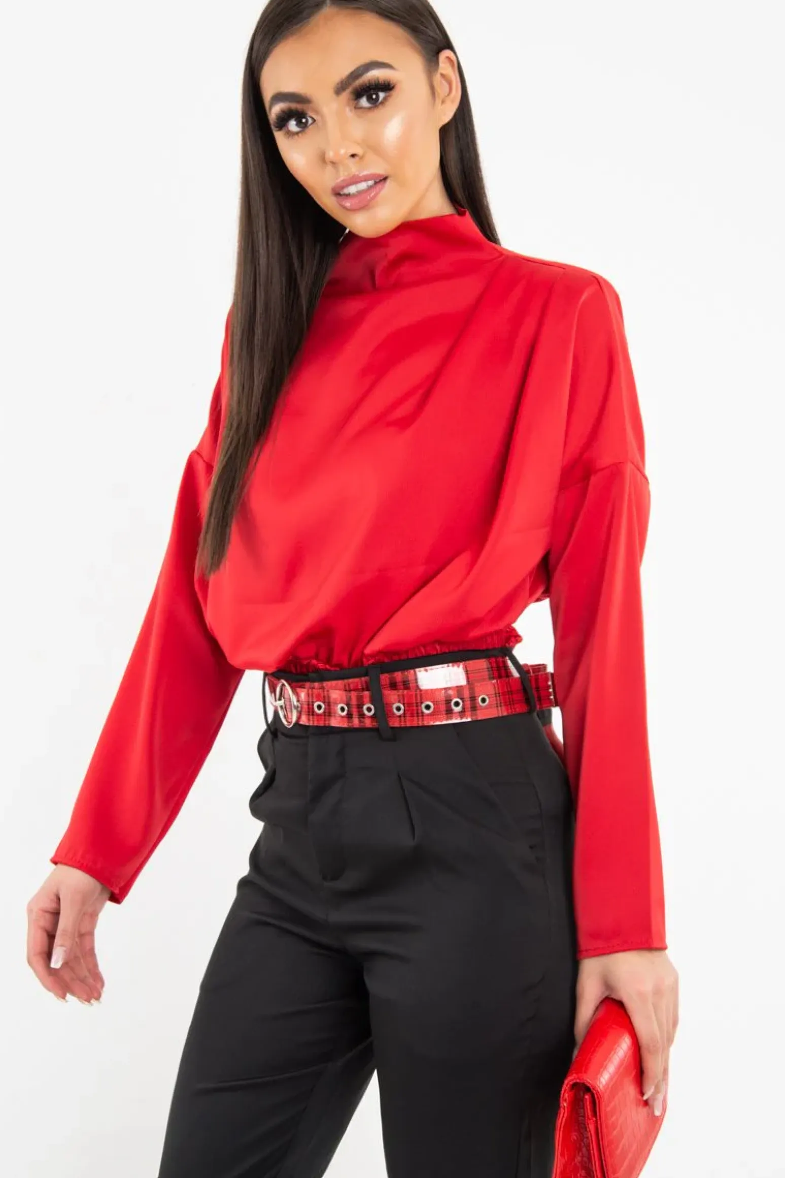 Rebellious Fashion Red Satin Shoulder Pad Shirred Waist Blouse - Farida
