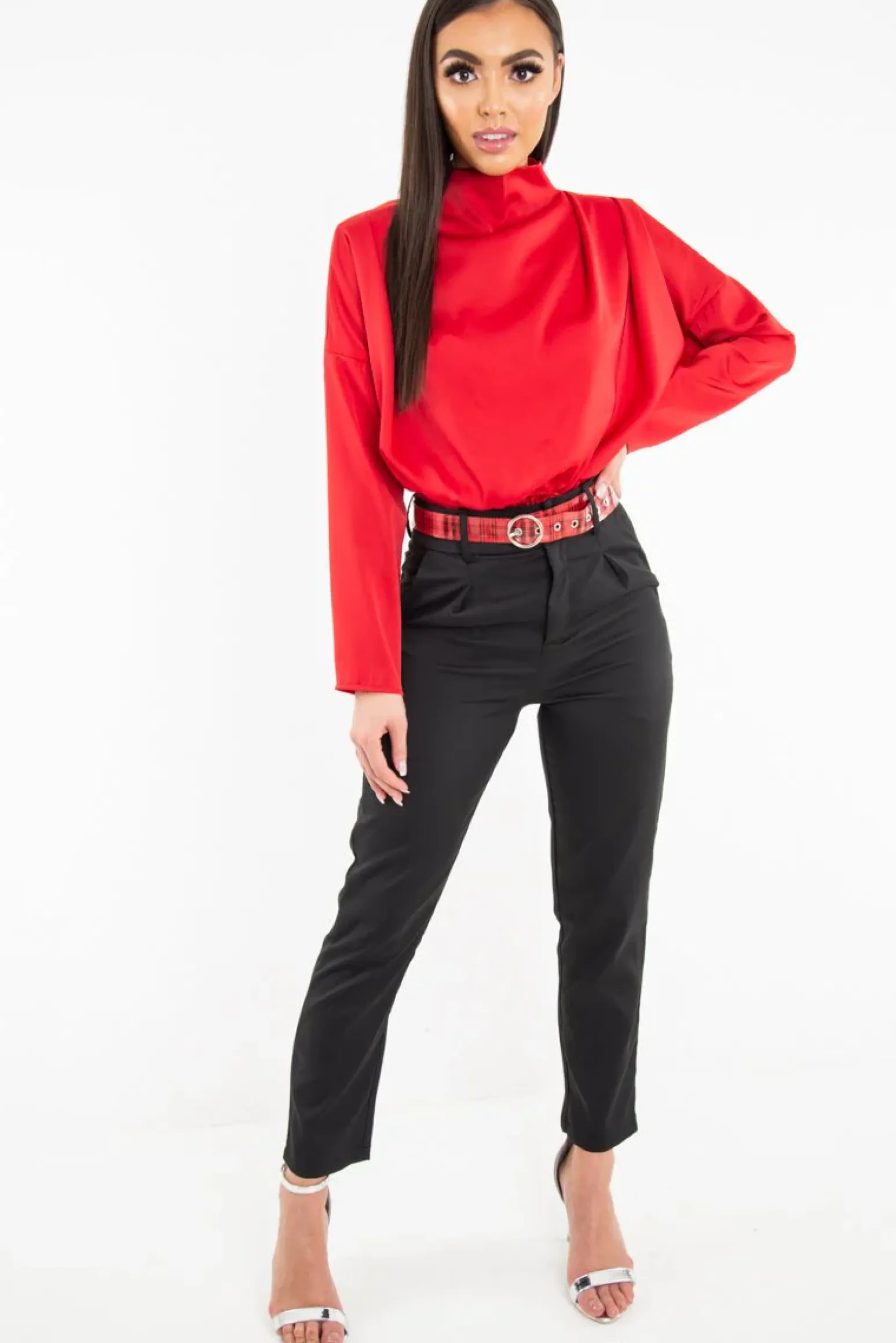 Rebellious Fashion Red Satin Shoulder Pad Shirred Waist Blouse - Farida