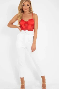 Rebellious Fashion Red Scalloped Lace Satin Bodysuit - Jeriah