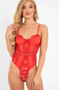 Rebellious Fashion Red Scalloped Lace Satin Bodysuit - Jeriah