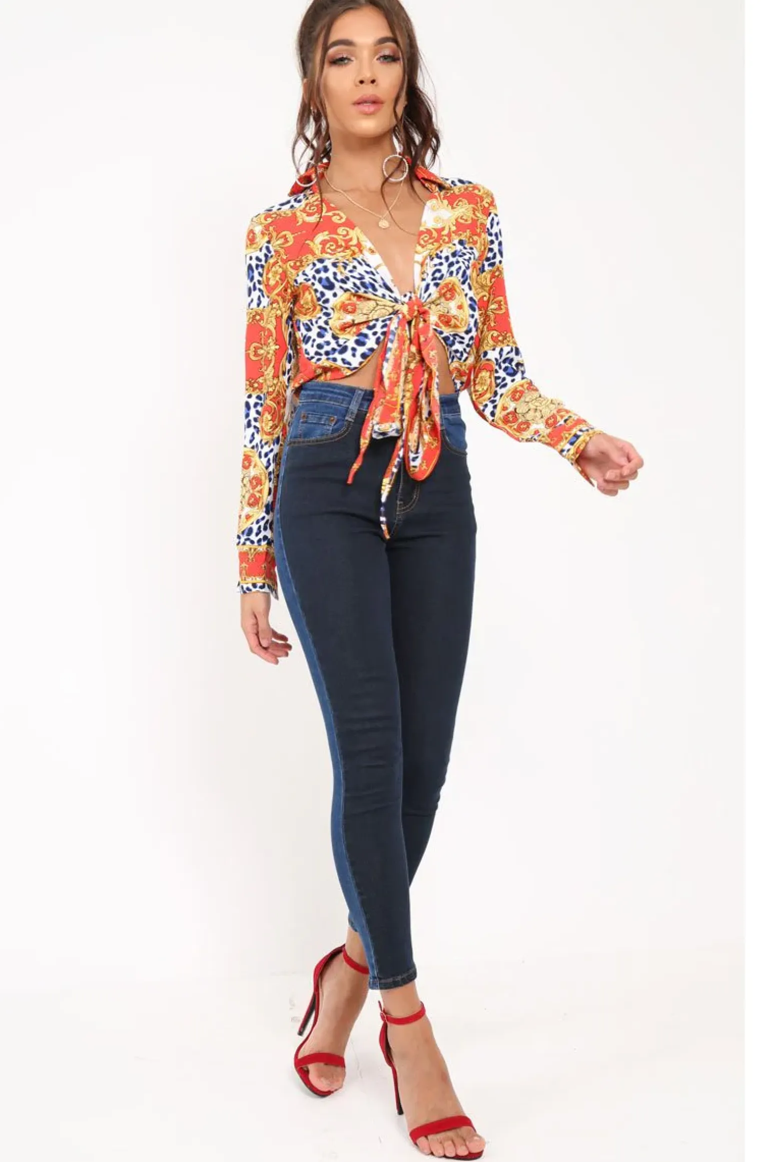 Rebellious Fashion Red Scarf Print Cropped Tie Front Shirt - Kaly