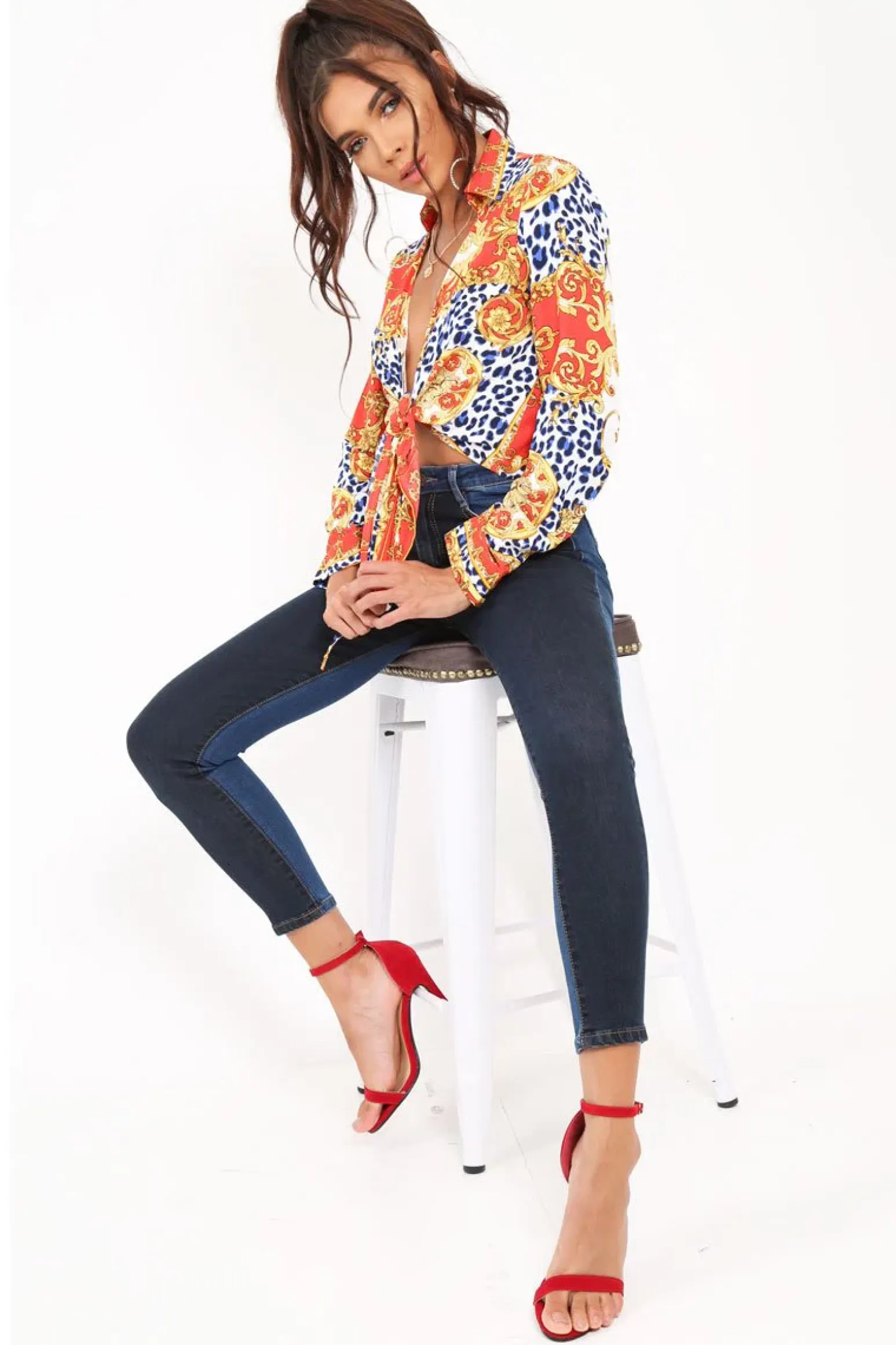 Rebellious Fashion Red Scarf Print Cropped Tie Front Shirt - Kaly