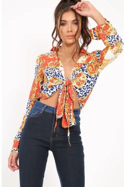 Rebellious Fashion Red Scarf Print Cropped Tie Front Shirt - Kaly