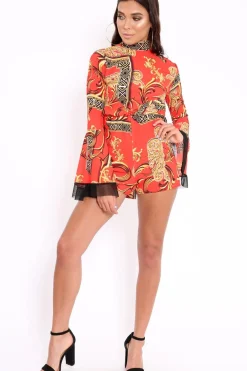 Rebellious Fashion Red Scarf Print Open Back Playsuit - Cassia