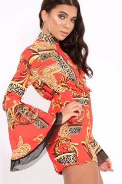 Rebellious Fashion Red Scarf Print Open Back Playsuit - Cassia