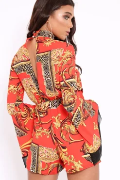 Rebellious Fashion Red Scarf Print Open Back Playsuit - Cassia