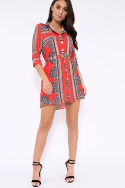 Rebellious Fashion Red Scarf Print Shirt Dress - Kyah
