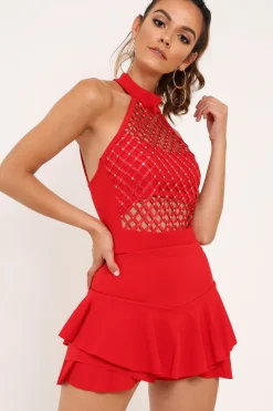 Rebellious Fashion Red Sequin Caged Halterneck Bodysuit - Aanvi