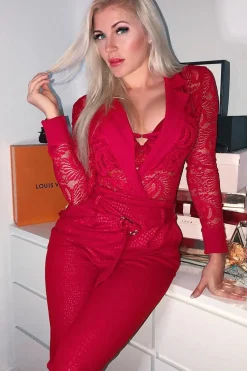 Rebellious Fashion Red Sheer Lace Plunge Long Sleeve Bodysuit - Janica