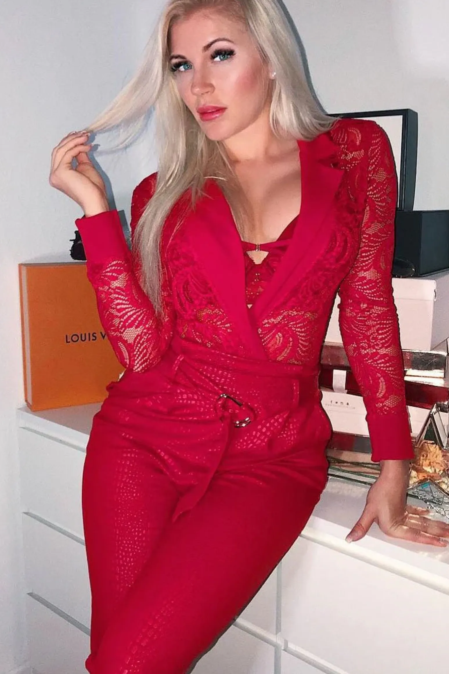Rebellious Fashion Red Sheer Lace Plunge Long Sleeve Bodysuit - Janica