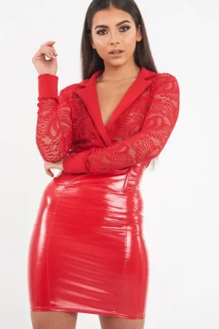 Rebellious Fashion Red Sheer Lace Plunge Long Sleeve Bodysuit - Janica