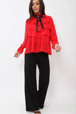 Rebellious Fashion Red Sheer Ruffle Blouse with Striped Neck Tie - Viktoria