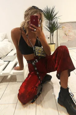 Rebellious Fashion Red Shimmer Checkerboard Wide Leg Trousers - Beatriz