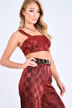 Rebellious Fashion Red Shimmer Checkerboard Wide Leg Trousers - Beatriz