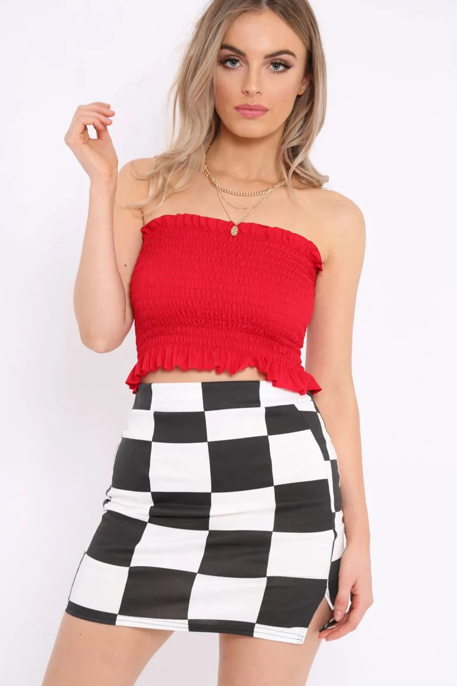 Rebellious Fashion Red Shirred Frill Bandeau Crop Top - Camren