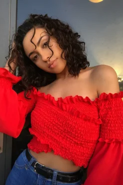 Rebellious Fashion Red Shirred Wrap Over Bardot Crop Top - Zuri