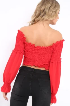 Rebellious Fashion Red Shirred Wrap Over Bardot Crop Top - Zuri