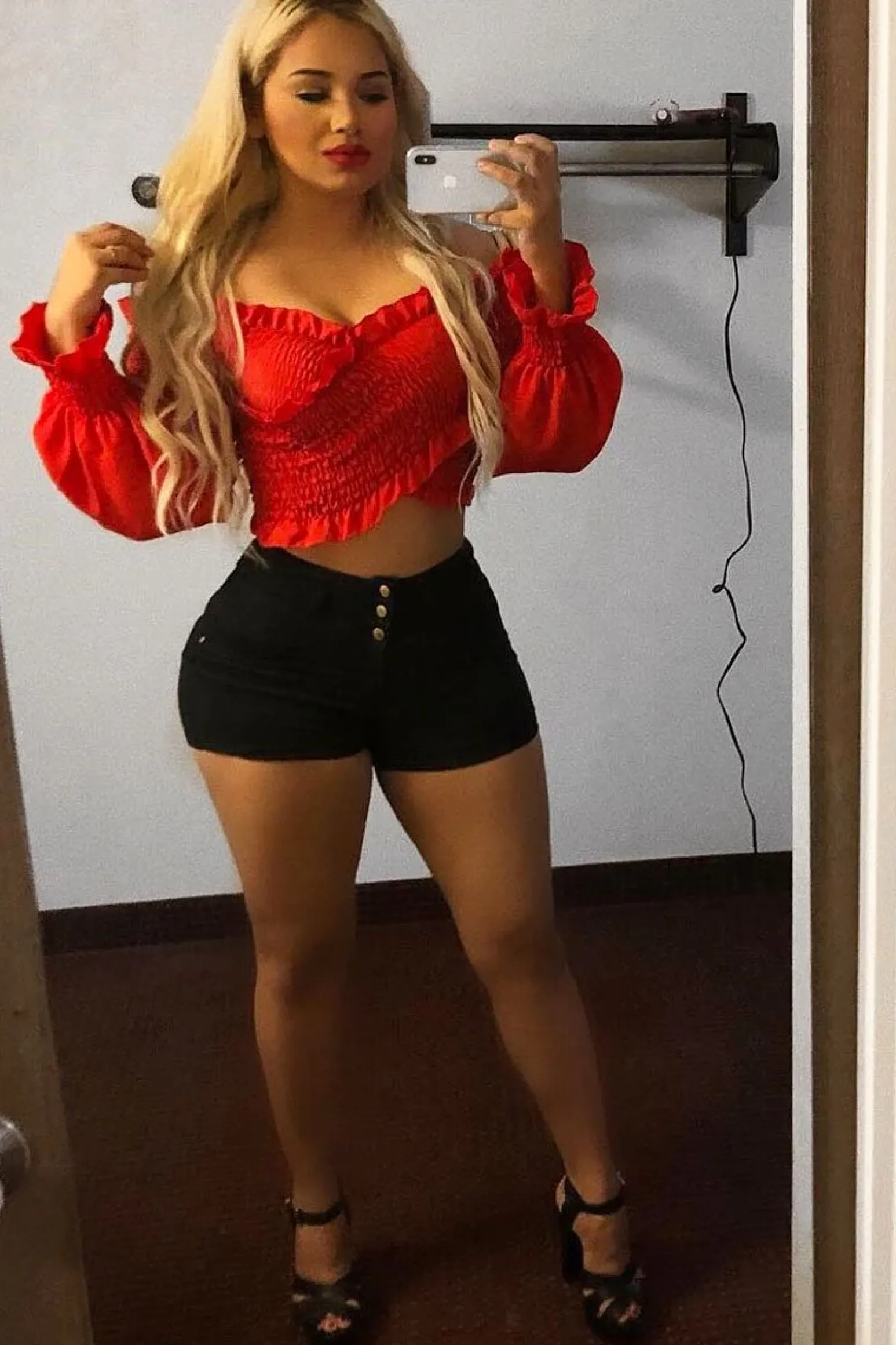 Rebellious Fashion Red Shirred Wrap Over Bardot Crop Top - Zuri