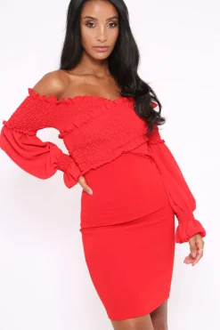 Rebellious Fashion Red Shirred Wrap Over Bardot Mini Dress - Natasha