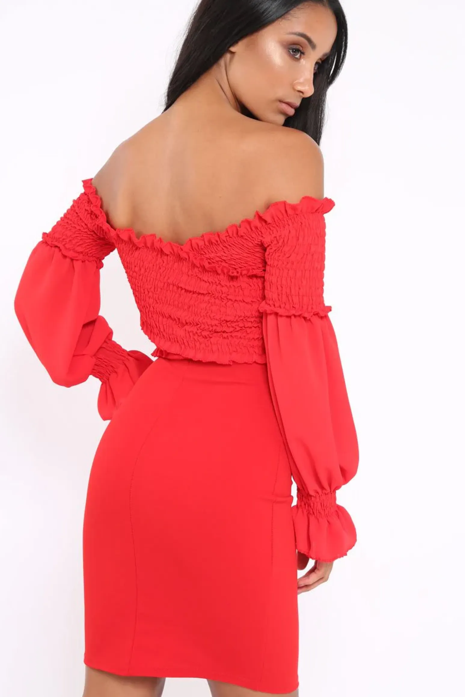 Rebellious Fashion Red Shirred Wrap Over Bardot Mini Dress - Natasha