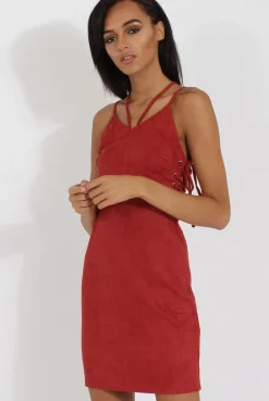 Rebellious Fashion Red Side Tie Up Suede Dress - April