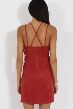 Rebellious Fashion Red Side Tie Up Suede Dress - April