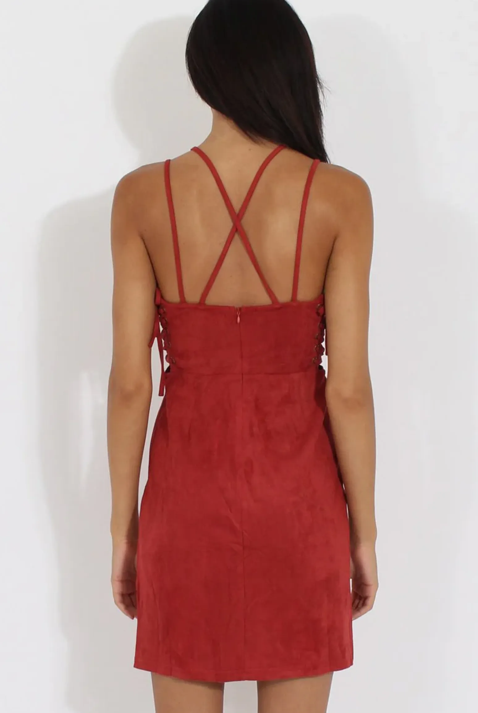Rebellious Fashion Red Side Tie Up Suede Dress - April