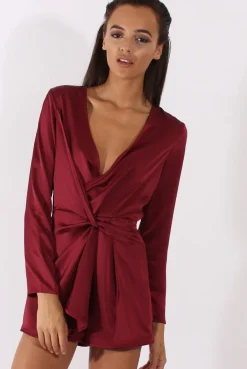 Rebellious Fashion Red Silky Front Twist Playsuit - Venus